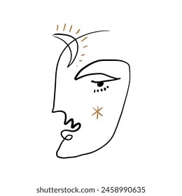 Modern abstract minimalistic continuous face portrait. Linear ink brush. Line art current contemporary continuous cubism painting. Fashion style black and white abstraction poster. Vector illustration