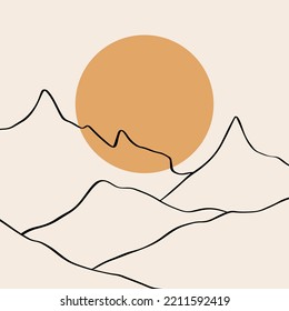 Modern Abstract Minimalistic Geometric Curve Line Mountains Asian Landscape Scene Print. Good For Minimalist Scandinavian Style Interior. Contemporary Art Digital Poster. Printable Scandi Minimal Home