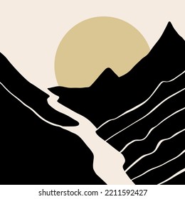 Modern Abstract Minimalistic Geometric Curve Line Mountains Asian Landscape Scene Print. Good For Minimalist Scandinavian Style Interior. Contemporary Art Digital Poster. Printable Scandi Minimal Home