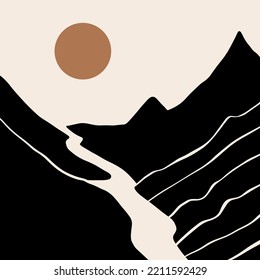 Modern Abstract Minimalistic Geometric Curve Line Mountains Asian Landscape Scene Print. Good For Minimalist Scandinavian Style Interior. Contemporary Art Digital Poster. Printable Scandi Minimal Home