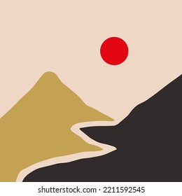 Modern Abstract Minimalistic Geometric Curve Line Mountains Asian Landscape Scene Print. Good For Minimalist Scandinavian Style Interior. Contemporary Art Digital Poster. Printable Scandi Minimal Home