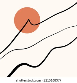Modern abstract minimalistic geometric curve line mountains asian landscape scene print. Good for minimalist scandinavian style interior. Contemporary art digital poster. Printable scandi minimal home