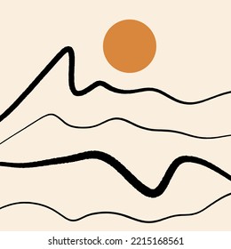 Modern abstract minimalistic geometric curve line mountains asian landscape scene print. Good for minimalist scandinavian style interior. Contemporary art digital poster. Printable scandi minimal home