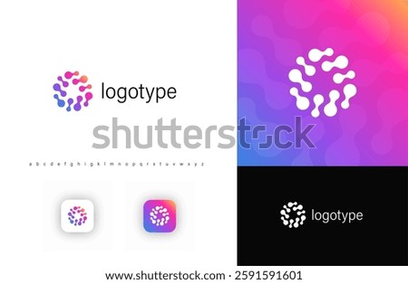Modern abstract molecular logo with interconnected organic shapes, symbolizing technology, communication, scientific innovation. Perfect for biotech, AI, healthcare, digital industries. Vector logo.