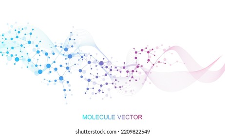 Modern abstract molecules structure for science or medical background. DNA helix or atom visualization. Molecular wave flow abstract background. Vector illustration.