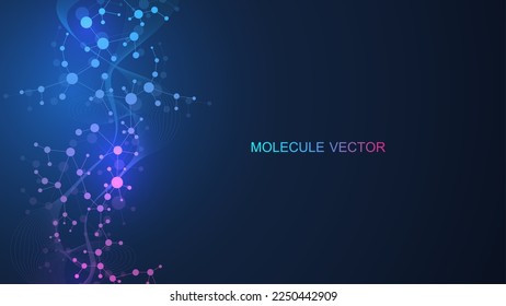 Modern abstract molecules structure for science or medical background. DNA helix or atom visualization. Molecular wave flow abstract background. Vector illustration