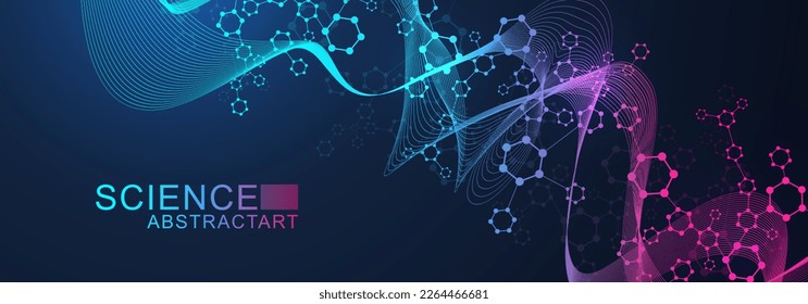 Estructura moderna de moléculas abstractas para ciencia o formación médica. visualización del hélice del ADN o del átomo. Fondo abstracto de flujo de onda molecular. Ilustración del vector
