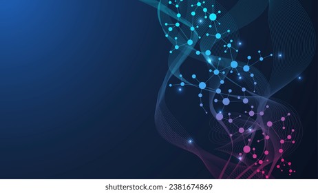 Modern abstract molecules structure for science or medical background. DNA helix or atom visualization. Molecular wave flow abstract background. Vector illustration