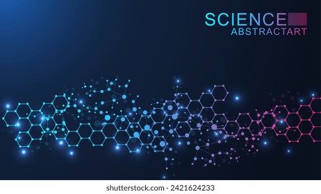 Modern abstract molecules structure for science or medical background. DNA helix or atom visualization. Molecular wave flow abstract background. Vector illustration