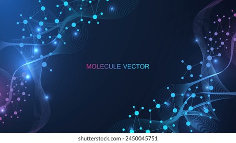 Modern abstract molecules structure for science or medical background. DNA helix or atom visualization. Molecular wave flow abstract background. Vector illustration