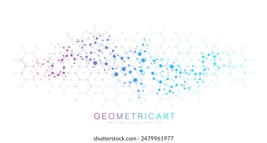 Modern abstract molecules structure for science or medical background. DNA helix or atom visualization. Molecular wave flow abstract background. Vector illustration