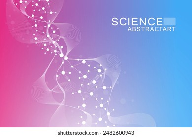 Modern abstract molecules structure for science or medical background. DNA helix or atom visualization. Molecular wave flow abstract background. Vector illustration