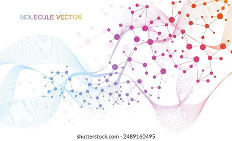 Modern abstract molecules structure for science or medical background. DNA helix or atom visualization. Molecular wave flow abstract background. Vector illustration