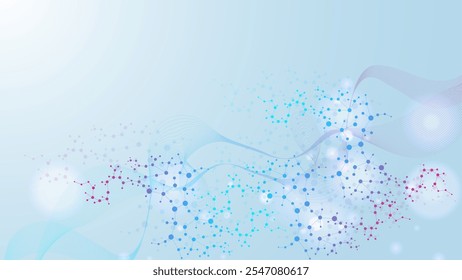 Moderna estrutura de moléculas abstratas para ciência ou fundo médico. Visualização de hélice ou átomo de DNA. Fundo abstrato do fluxo de ondas moleculares. Ilustração vetorial