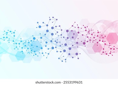 Modern abstract molecules structure for science or medical background. DNA helix or atom visualization. Molecular wave flow abstract background. Vector illustration