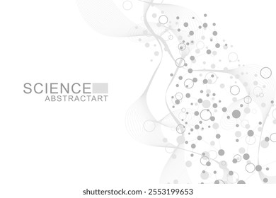 Moderna estrutura de moléculas abstratas para ciência ou fundo médico. Visualização de hélice ou átomo de DNA. Fundo abstrato do fluxo de ondas moleculares. Ilustração vetorial