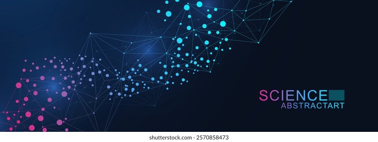 Modern abstract molecules structure for science or medical background. DNA helix or atom visualization. Molecular wave flow abstract background. Vector illustration