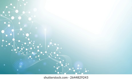 Moderna estrutura de moléculas abstratas para ciência ou fundo médico. Visualização de hélice ou átomo de DNA. Fundo abstrato do fluxo de ondas moleculares. Ilustração vetorial