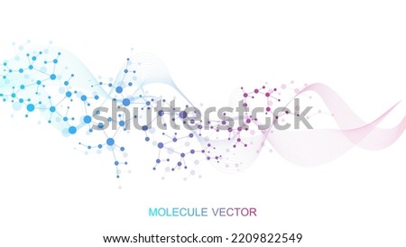 Modern abstract molecules structure for science or medical background. DNA helix or atom visualization. Molecular wave flow abstract background. Vector illustration.