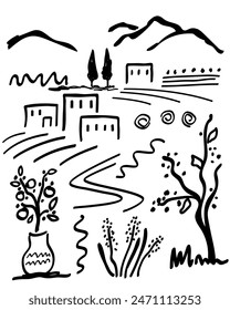 Modern abstract monochrome poster wall art Mediterranean rural landscape, houses, cypress trees, bushes, mountains on the horizon. Simple vector illustration, hand drawn with black brush outline.