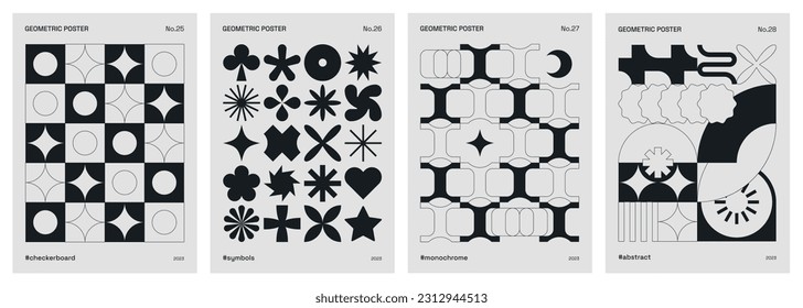 Afiches modernos, abstractos y monocromos. Composiciones de moda con símbolos geométricos y formas primitivas, en estilos neogeo y minimalista. Diseños vectoriales en blanco y negro para cubiertas, tarjetas o impresiones.