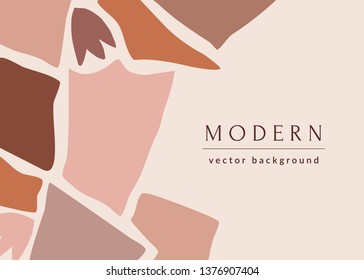 Modern abstract mosaic design with organic geometric shapes in trendy warm pastel colors and sample text. Contemporary collage wall art, newsletter, magazine cover, packaging and branding design.