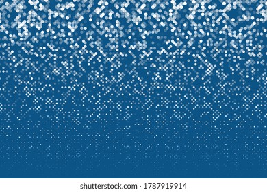 Modern abstract mosaic gradient with white round elements on blue background. Falling geometric shapes with various transparency. Mimimal halftone vector illustration eps10