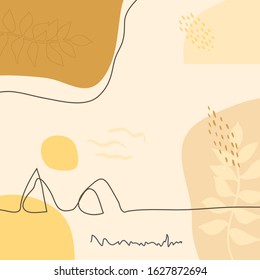 Moderno y abstracto fondo vectorial de arte montañoso aislado en blanco. Dibujar a mano hojas tropicales y fondo de arte de líneas para papel, cubierta, tela, decoración interior.