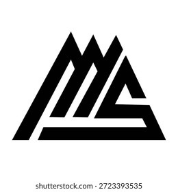 Diseño de logotipo abstracto moderno de la letra de MS con líneas geométricas agudas que forman un monograma triangular. El estilo minimalista en blanco y negro crea un símbolo fuerte y profesional adecuado para la marca comercial, la identidad corporativa, las empresas de tecnología, las empresas emergentes, la arquitectura, los medios digitales y los proyectos de marca modernos.