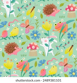 Modern abstract nature and animals surface design seamless pattern with nature plants and animals. Vector floral decorative seamless background for baby product packaging and surface design.