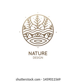 Modern Abstract Nature Logo. Natural Symbol Of Forest, Lake. Herbal Plant, Leaf, Tree Landscape Icon. Vector Line Pattern. Circle Emblem Of Garden. Tattoo, Spiritual Yoga, Travel, Cosmetics, Beauty.