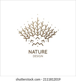 Modern abstract nature logo. Natural symbol of forest, lake. Herbal plant, leaf, tree landscape icon. Vector line pattern. Circle emblem of garden. Tattoo, spiritual yoga, travel, cosmetics, beauty.