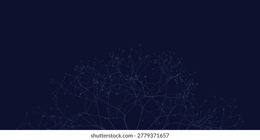 Modern abstract neural network illustration featuring interconnected digital nodes and flowing lines on a dark blue background. This futuristic technology design symbolizes artificial intelligence, machine learning, data systems, neuroscience, and online connectivity, making it ideal for AI branding, cybersecurity visuals, innovation presentations, scientific graphics, and tech-related design projects.