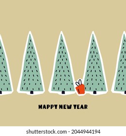 Modern abstract new year card. Paper cut christmas trees with congratulations
