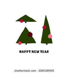 Modern abstract new year card. Paper cut christmas trees with congratulations
