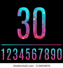 Modern abstract number. Colorful number 30 with geometric texture. Anniversary, birthday, greeting card, poster and banner design element. Vector illustration.