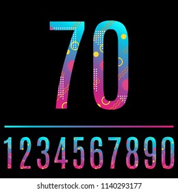 Modern abstract number. Colorful number 70 with geometric texture. Anniversary, birthday, greeting card, poster and banner design element. Vector illustration.