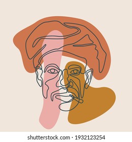 modern abstract old man faces continuous line. Trendy contemporary faces with various face expressions. Vector illustration in hand drawn outline style. Contemporary male silhouettes.