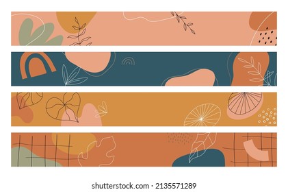 Modern abstract organic neutral shape template background collection. Fine line nature design set of horizontal web header illustration with tropical plant leaf.