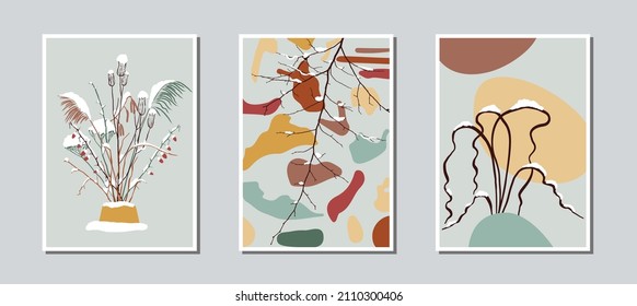 Modern abstract organic shapes and snowy plant arrangements set. Earthy colors.
