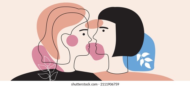 Modern abstract outline faces of lesbian women, various geometric shapes. Vector stock illustration. Isolated abstract art. LGBTQ portrait in profile in minimalist style