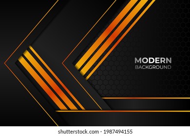 Modern Abstract Overlapped Layer Dark Grey and Orange with Hexagon Pattern Background