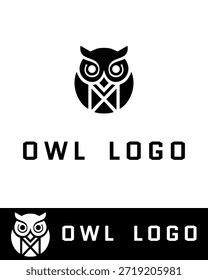 Diseño moderno y abstracto del logotipo del búho en blanco y negro con Formas geométricas que forman la cara y el cuerpo del búho