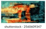 Modern abstract painting featuring rich turquoise, golden yellow, and vivid orange tones blended with raw, expressive brushstrokes, evoking emotion and artistic vitality in vector format