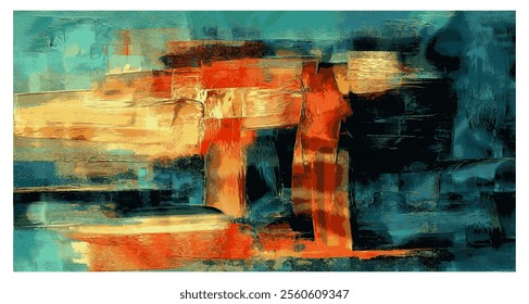 Modern abstract painting featuring rich turquoise, golden yellow, and vivid orange tones blended with raw, expressive brushstrokes, evoking emotion and artistic vitality in vector format