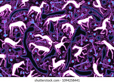 Modern abstract painting inspired by prehistoric art. Neon stylized horses, arrows, geometric and organic shapes in energetic composition.

