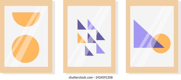 Modern abstract painting on the wall. A set of three images. Abstract hand-drawn design elements. Modern art printing, design with geometric shapes. Vector illustration.