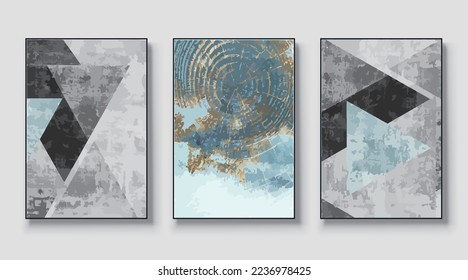 Modern abstract painting wall art set. Posters, covers, prints. Watercolor hand painted background. Creative colorful, black, white, gold art triptych. Vector illustration.