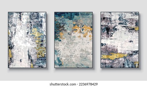 Modern abstract painting wall art set. Posters, covers, prints. Watercolor hand painted background. Creative colorful, black, white, gold art triptych. Vector illustration.