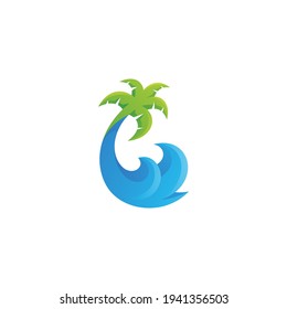 Modern Abstract Palm Tree and Water Wave Beach Logo Symbol with Colorful 3D Gradient Color Style